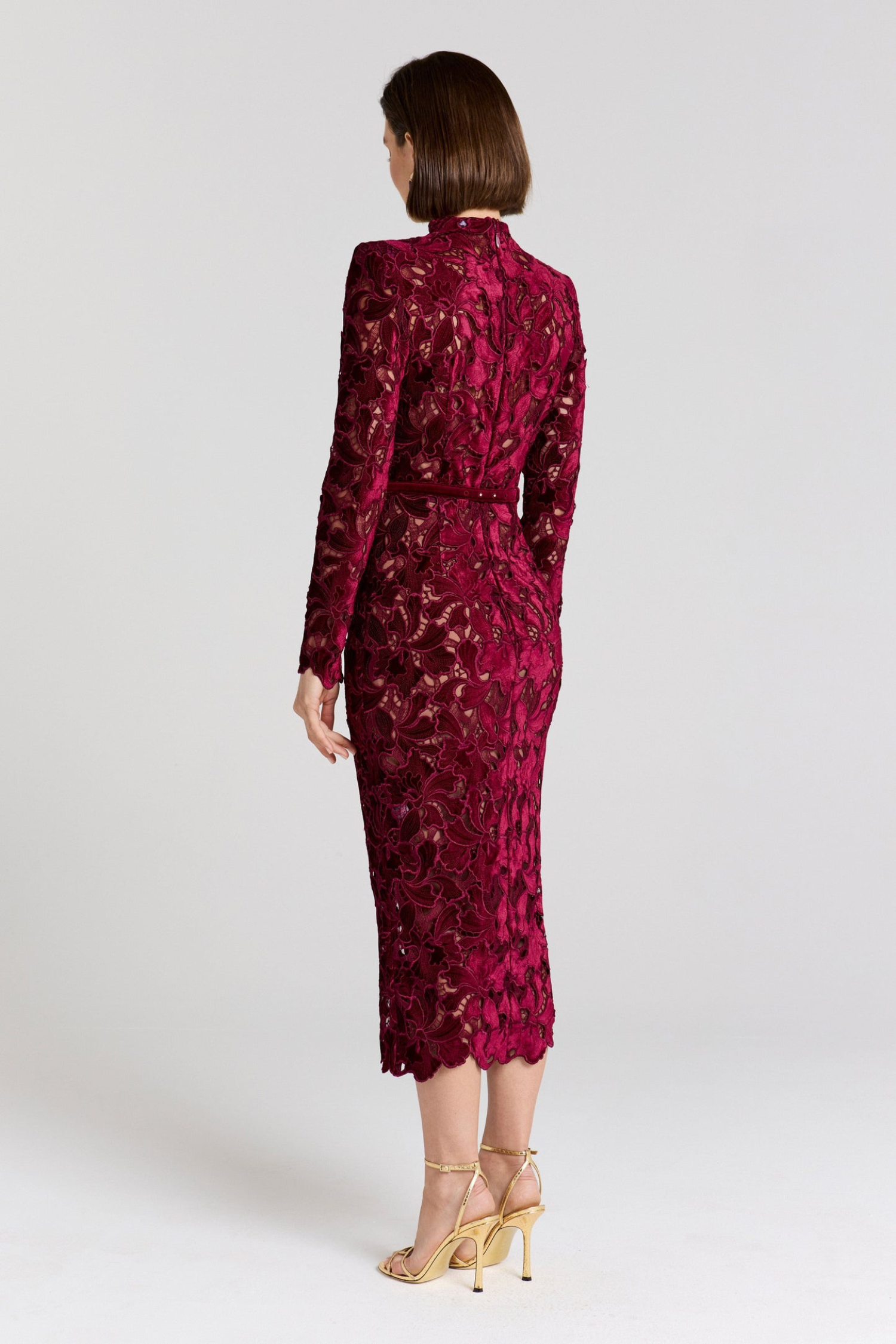 Women burgundy lace midi dress with long sleeves and scalloped hem, back view