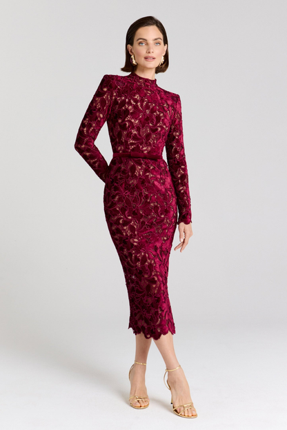 Women burgundy lace midi dress with fitted waist and cutout lace detail, side angle