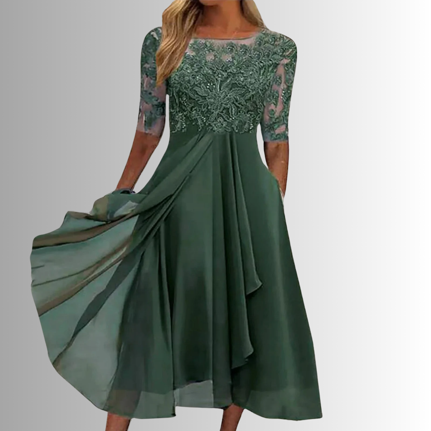 Women forest green lace 3/4 sleeve midi dress with flowing skirt