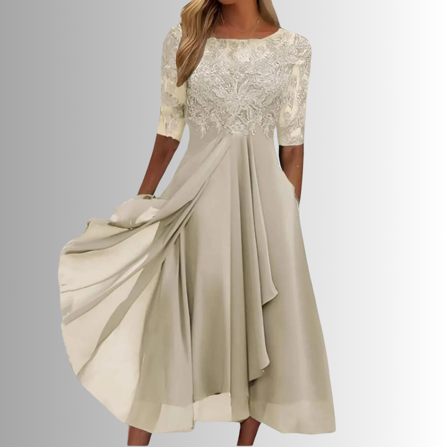 Women ivory lace embroidered 3/4 sleeve round neck midi dress