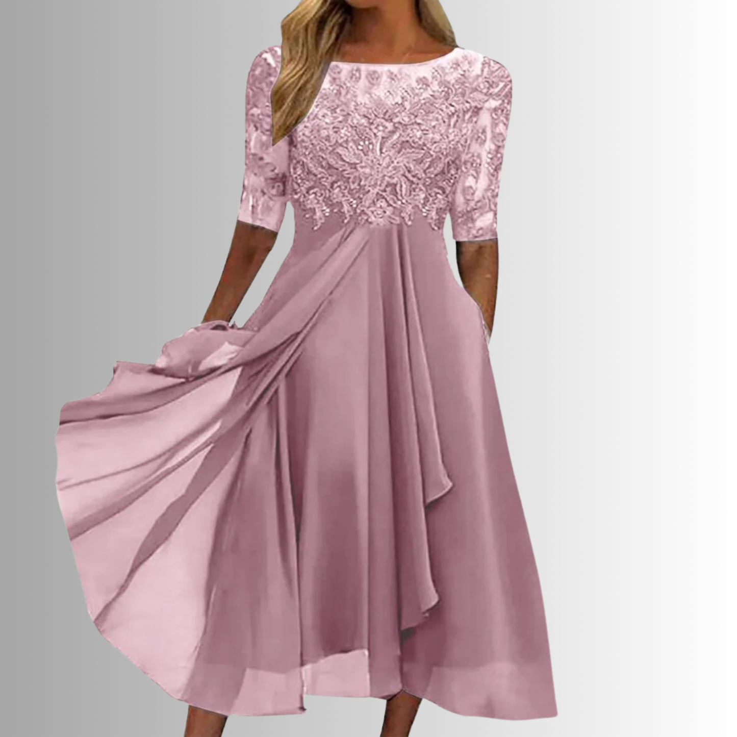 Women mauve lace 3/4 sleeve midi dress with layered front detail
