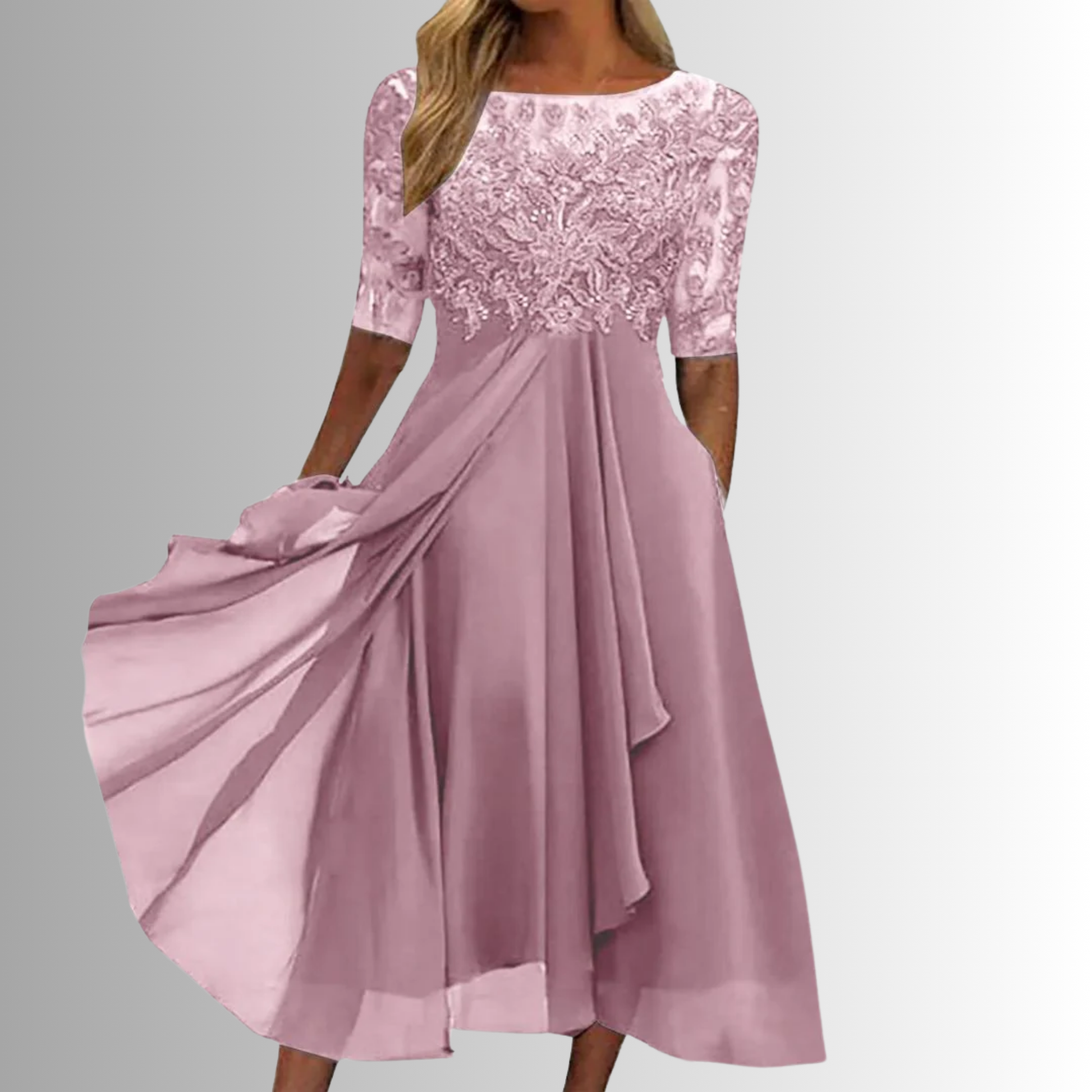 Women mauve lace 3/4 sleeve midi dress with layered front detail