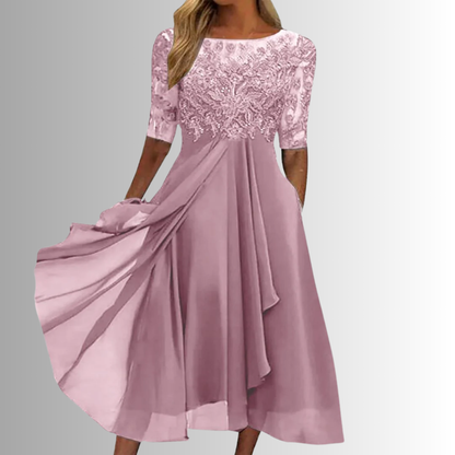 Women mauve lace 3/4 sleeve midi dress with layered front detail