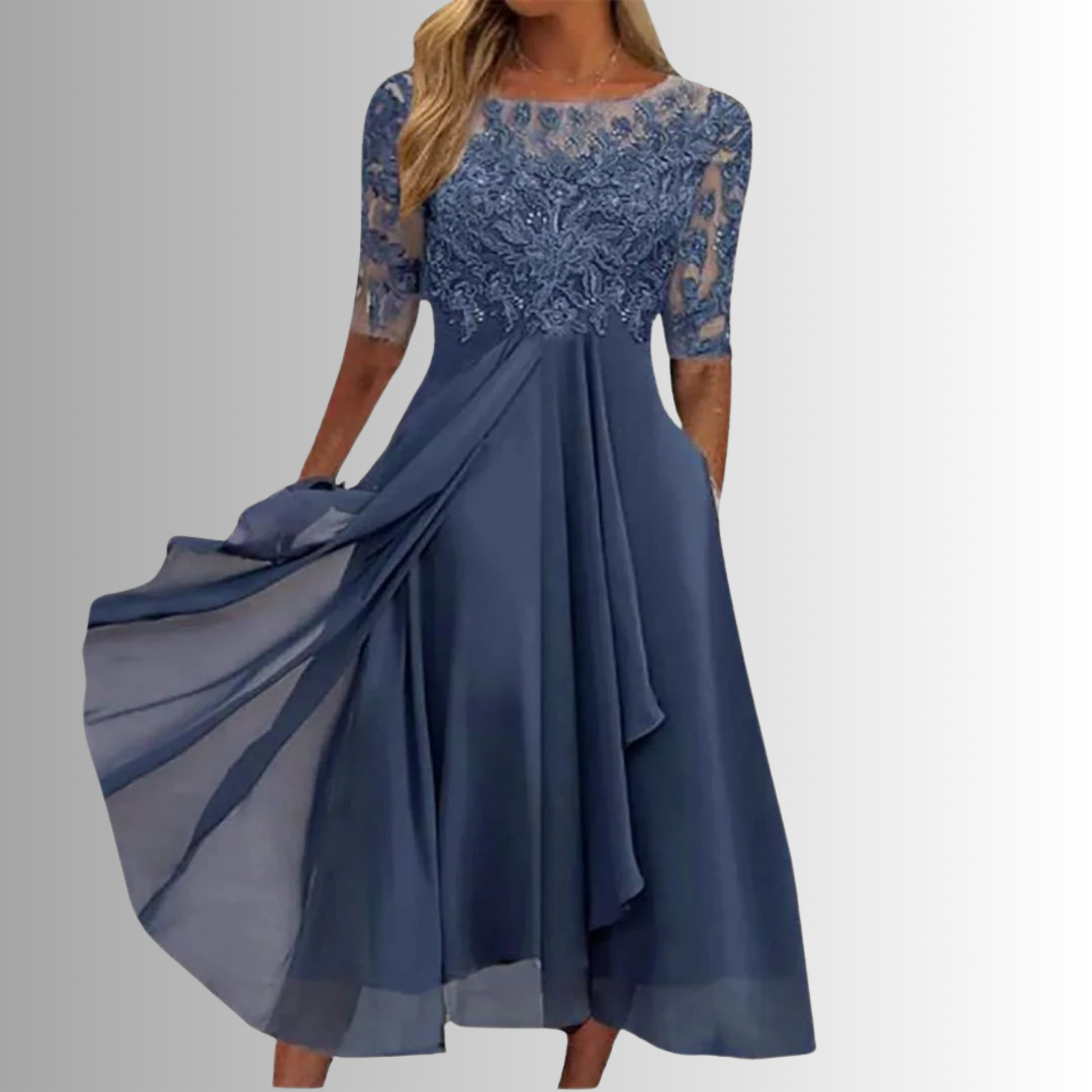 Women navy lace midi dress with 3/4 sleeves and A-line skirt