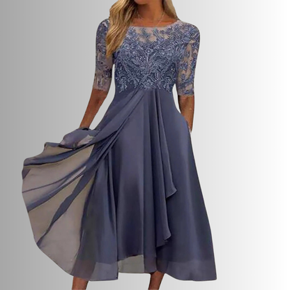 Women slate blue embroidered lace 3/4 sleeve A-line midi dress