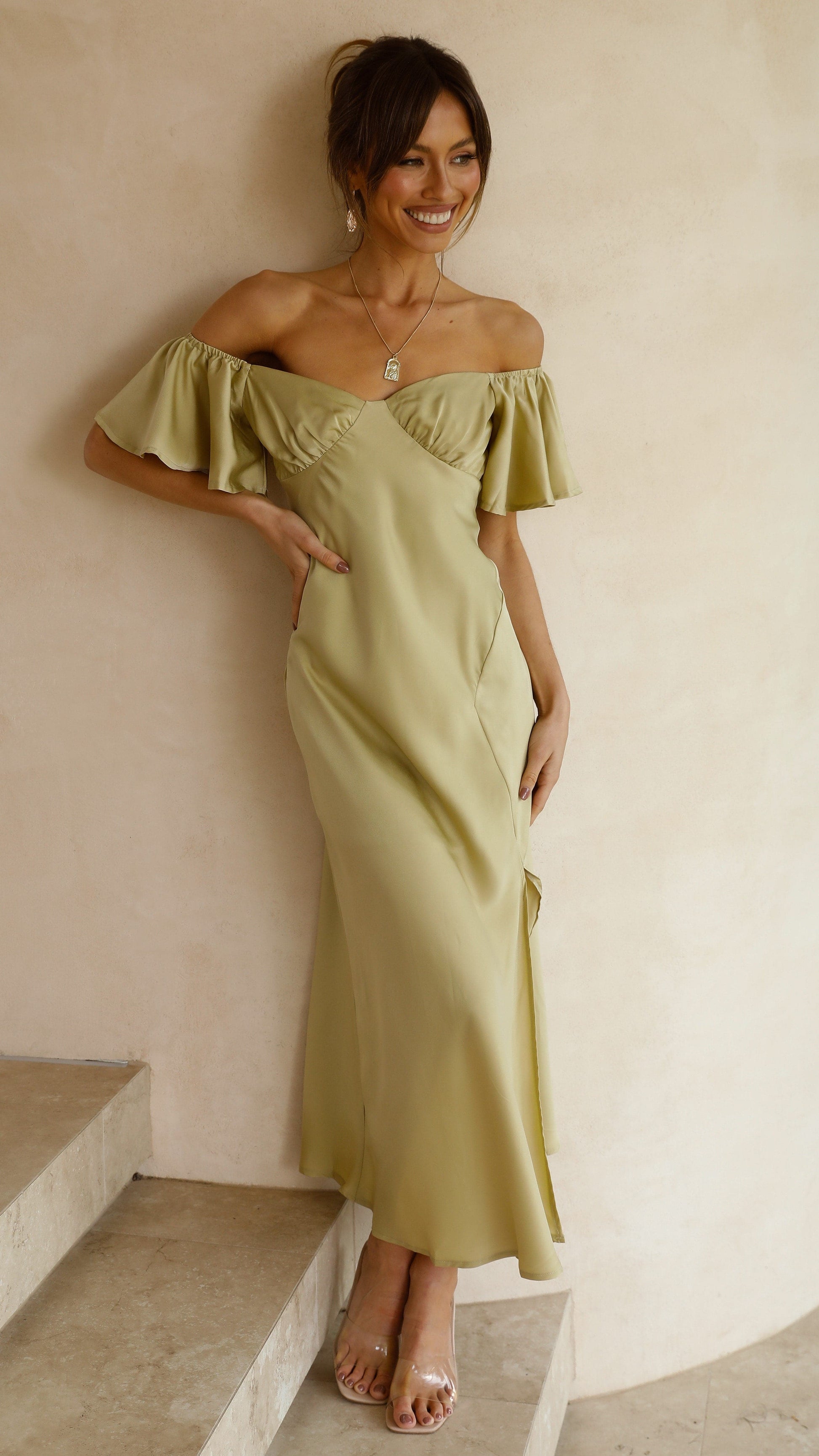 Women flutter sleeve off-shoulder midi dress with ruffled neckline and side slit detail