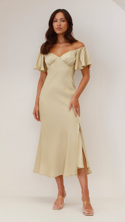 Women off-shoulder midi dress with gathered sweetheart neckline and flutter sleeves