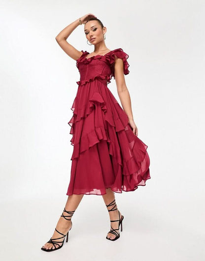 Women burgundy off-shoulder ruffle midi dress with tiered ruffled skirt