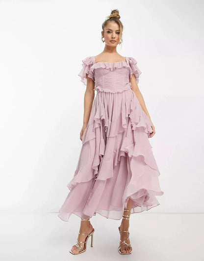 Women pink off-shoulder ruffle midi dress with flutter sleeves and tiered skirt