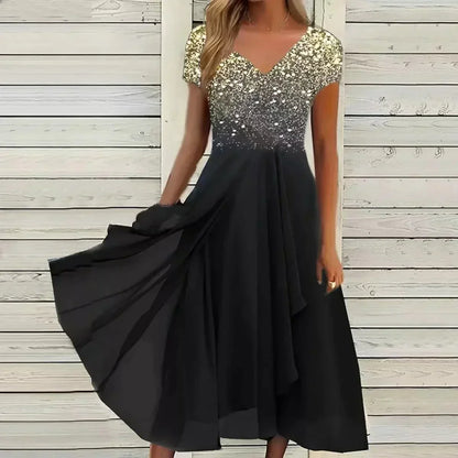 Women silver sequin V-neck short sleeve midi dress with flowing navy skirt