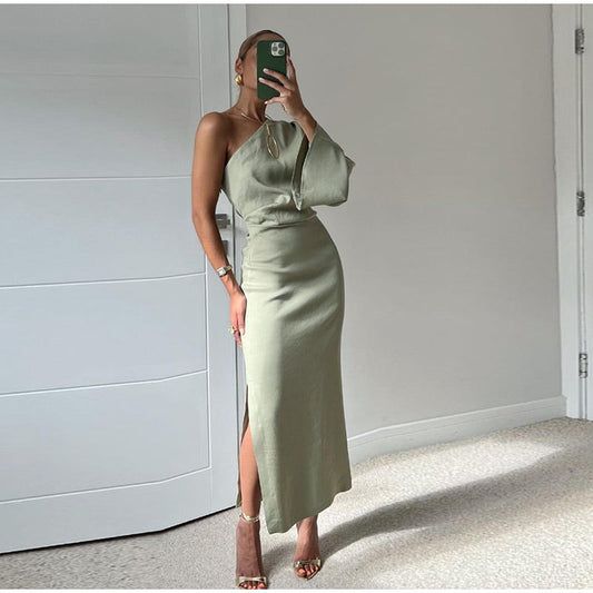 Women sage green satin midi dress with one-shoulder draped neckline and keyhole detail