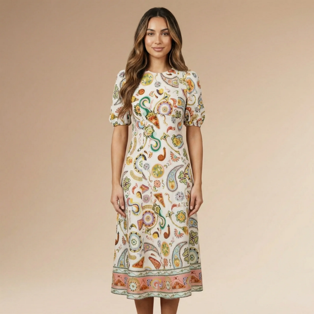 Women cream paisley print midi dress with puff sleeves and round neckline