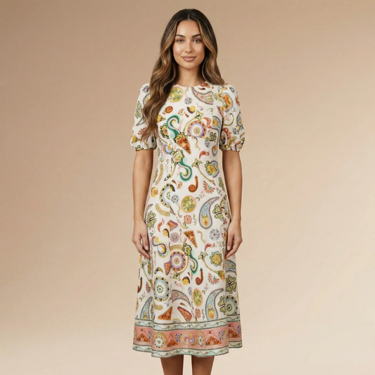 Women cream paisley print midi dress with puff sleeves and round neckline