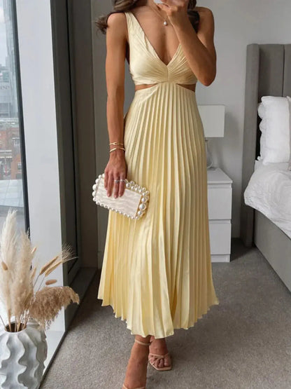 Women cream pleated midi dress with V-neckline and waist cutouts
