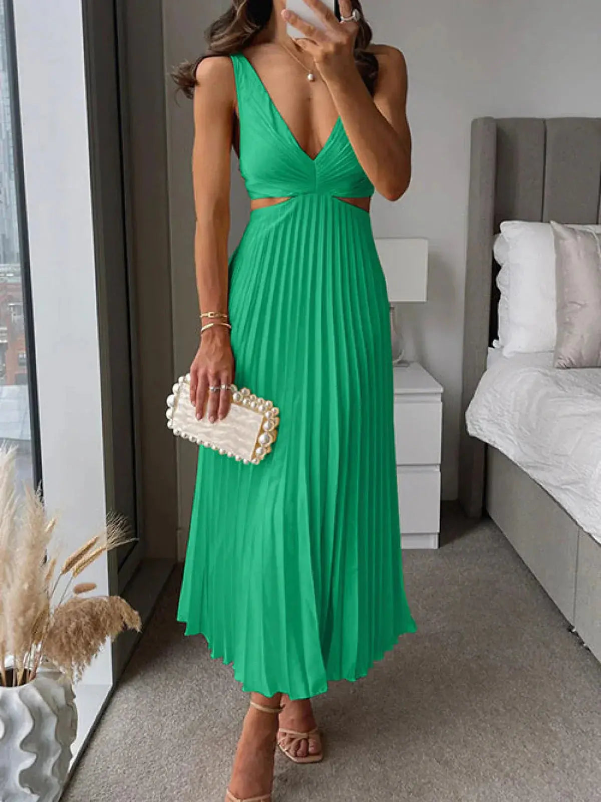 Women green pleated midi dress with V-neck and side waist cutout openings