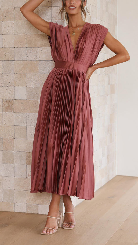 Women's mauve pleated midi dress with vertical pleating and V-neckline