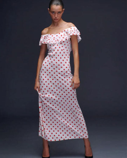 Women off-shoulder red polka dot maxi dress front view with ruffled collar