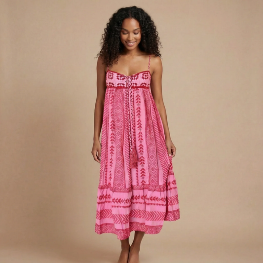 Women pink geometric printed midi dress with smocked square neck bodice front view