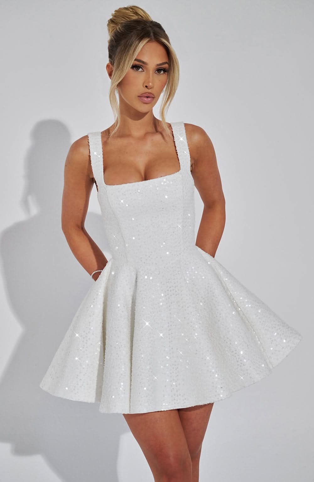 Women white sequin square neck sleeveless mini dress with side pocket detail