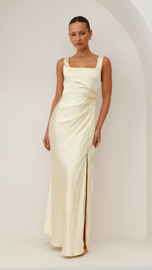 Women cream satin maxi dress with square neckline, wide straps, and side ruching detail