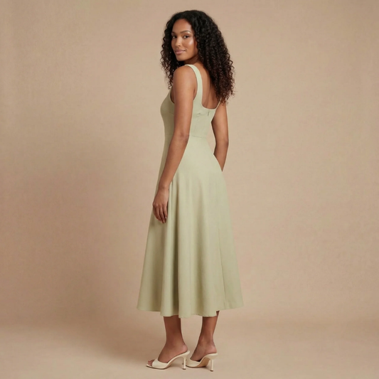 Women sage green midi dress with open scoop back and square neckline rear view