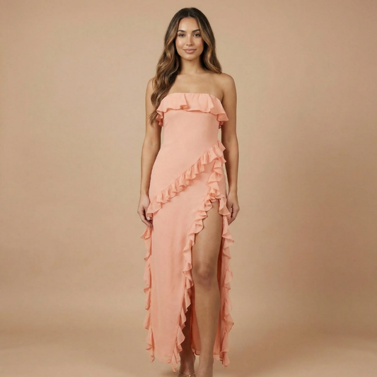 Women blush pink strapless maxi dress with cascading ruffles and side slit