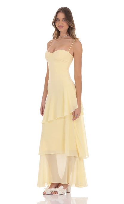 Women spaghetti strap sweetheart maxi dress side view showing layered ruffles