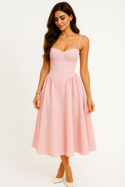 Women pink sweetheart corset midi dress with spaghetti straps and gathered A-line skirt