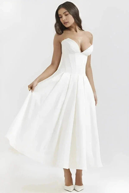 Women ivory strapless sweetheart pleated midi dress side profile