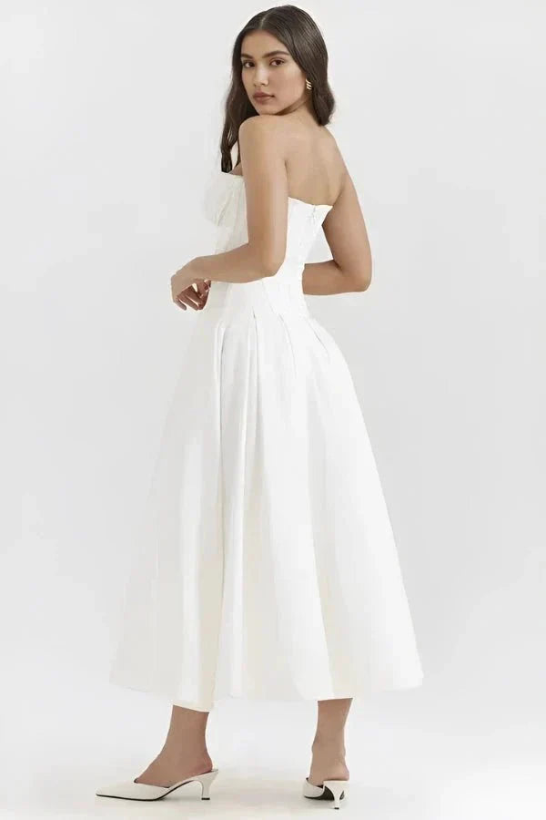 Women ivory strapless sweetheart midi dress back view with side pocket