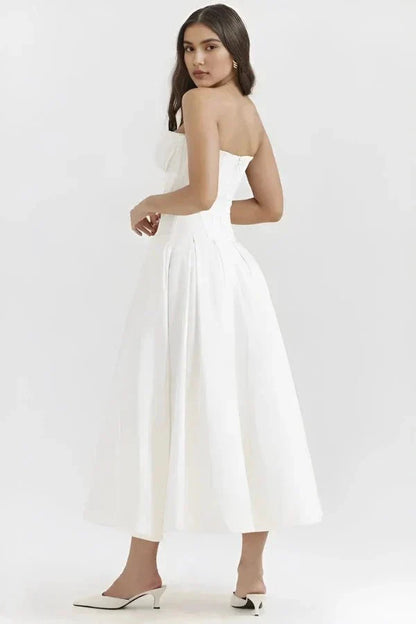 Women ivory strapless sweetheart midi dress back view with side pocket