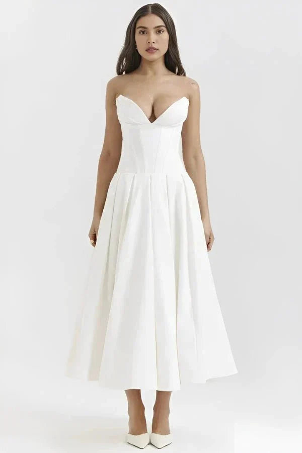 Women ivory strapless sweetheart midi dress with pleated skirt front view