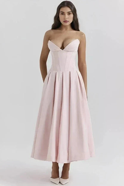 Women soft pink sweetheart strapless midi dress structured front view