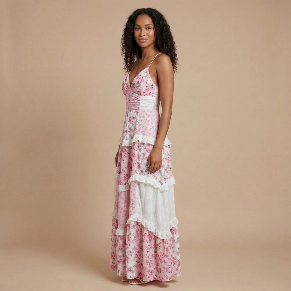 Women pink floral maxi dress with V-neckline and spaghetti straps, front view