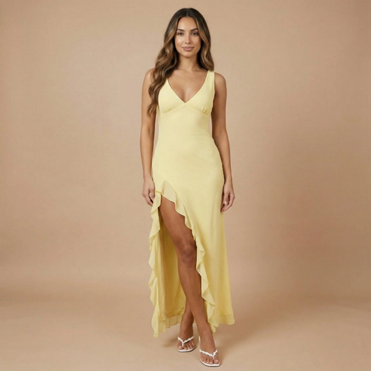 Women pale yellow V-neck ruffle maxi dress with asymmetrical high-low hem