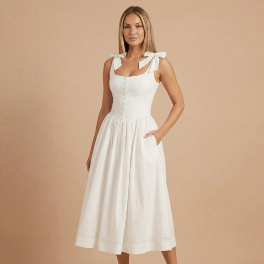 Women white square neck midi dress with shoulder-tie bows and button-front bodice