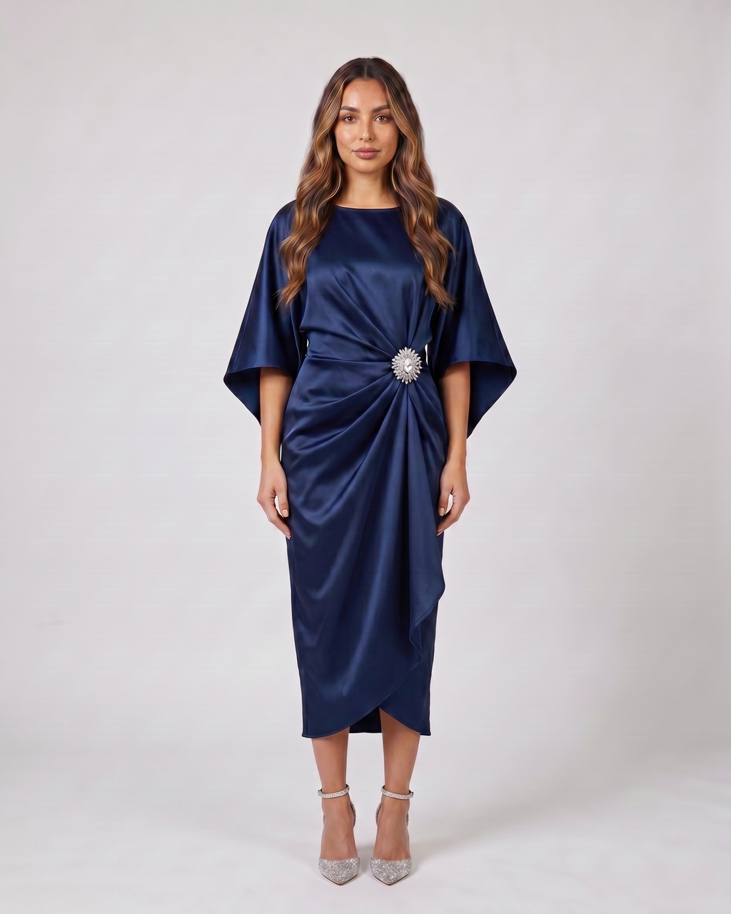navy blue bateau neck gathered waist midi dress front view with crystal brooch