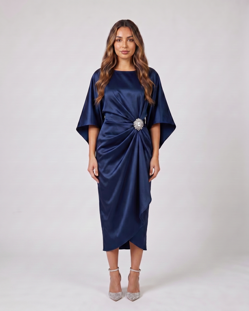 navy blue bateau neck gathered waist midi dress front view with crystal brooch