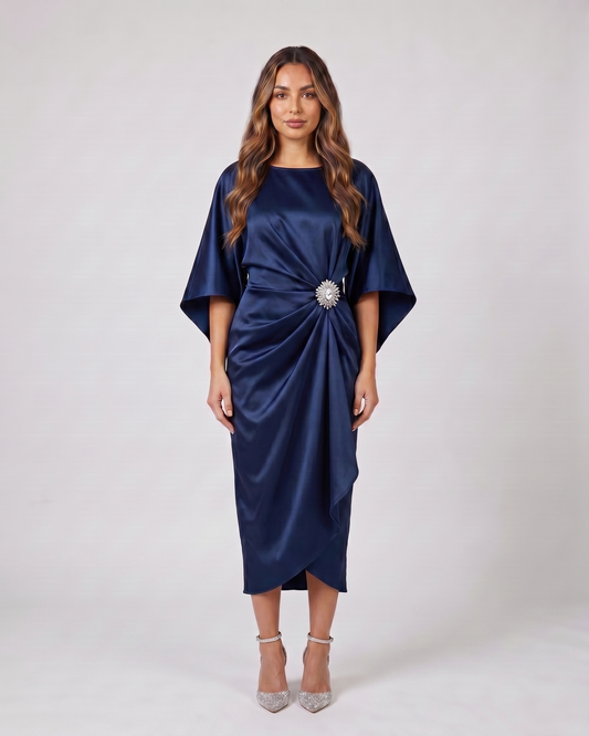 navy blue bateau neck gathered waist midi dress front view with crystal brooch