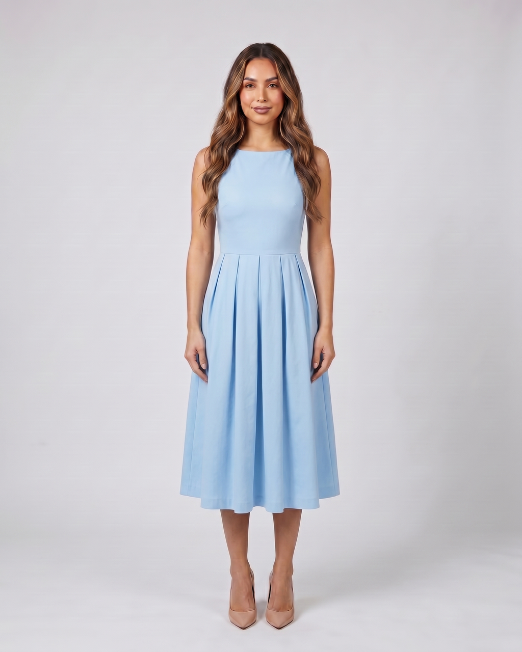 blue boat neck a-line midi dress front view