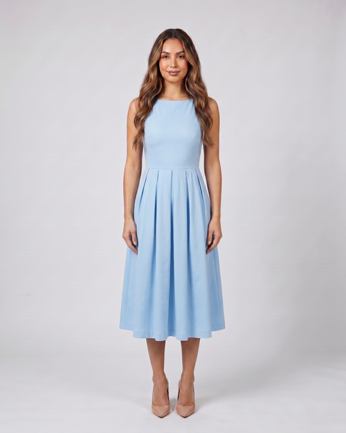blue boat neck a-line midi dress front view