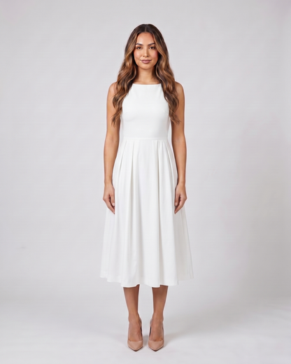 white boat neck a-line midi dress front view
