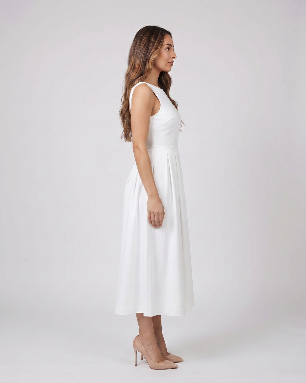 Side view of white boat neck a-line midi dress
