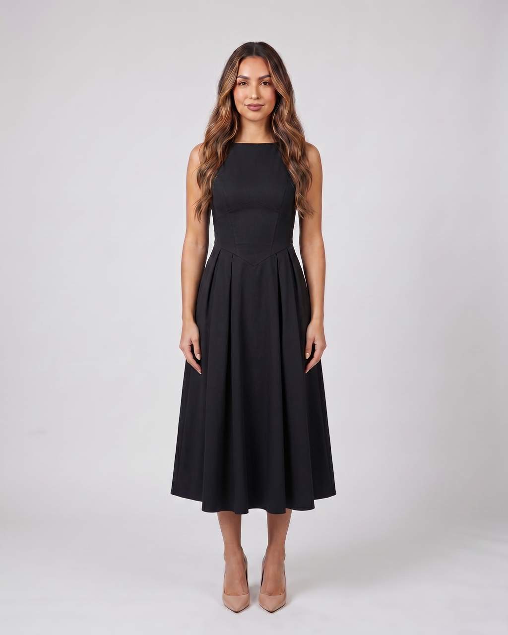 black boat neck a-line midi dress front view