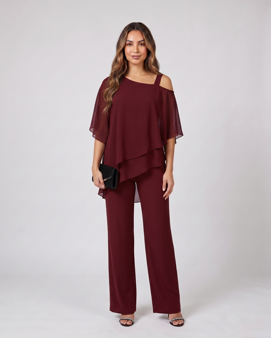 burgundy cold shoulder layered straight leg pant set front view