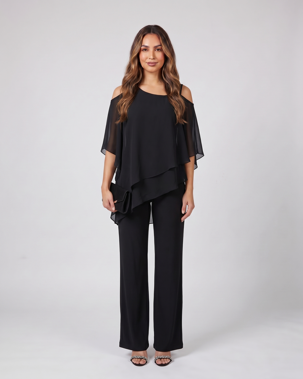 black cold shoulder layered straight leg pant set front view