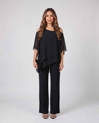 black cold shoulder layered straight leg pant set front view