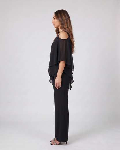 Side view of black cold shoulder layered straight leg pant set