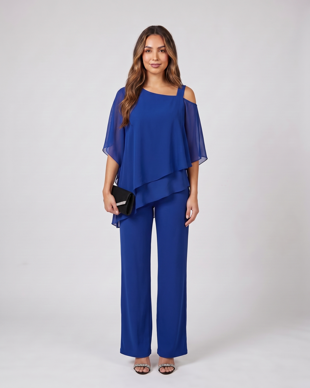 blue cold shoulder layered straight leg pant set front view