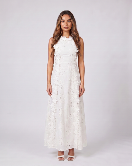 white eyelet lace high neck side tie maxi dress front view with floral eyelet open-panel detail and 3D floral appliques